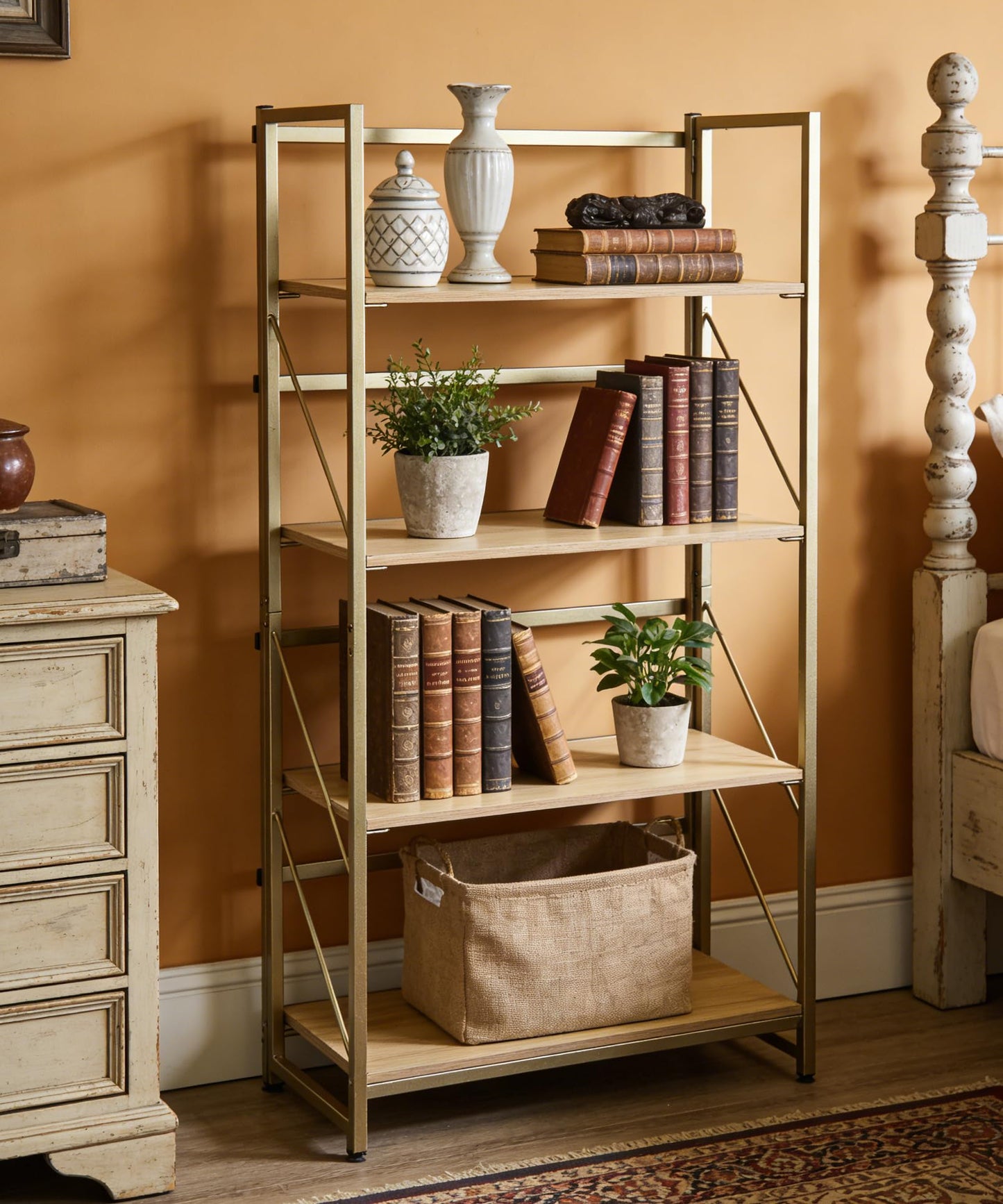 BIASUNS Folding Bookshelf,Multifunctional Foldable Plant Stand Storage Rack Shelves for Home Office, Easy Assembly, 4-Tier,Gold & Nature Wood