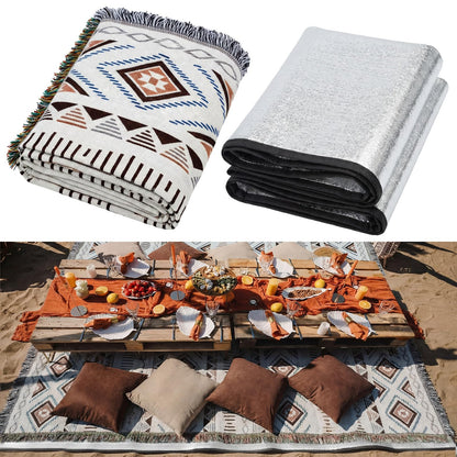Hahafelt 91x 71 in Extra Large Outdoor Picnic Blanket with Waterproof Mat Oversize Beach Woven Cotton Yarn Blanket with Fringe Machine Sandproof for Spring Summer Camping Beach Park(Diamond,Brown)