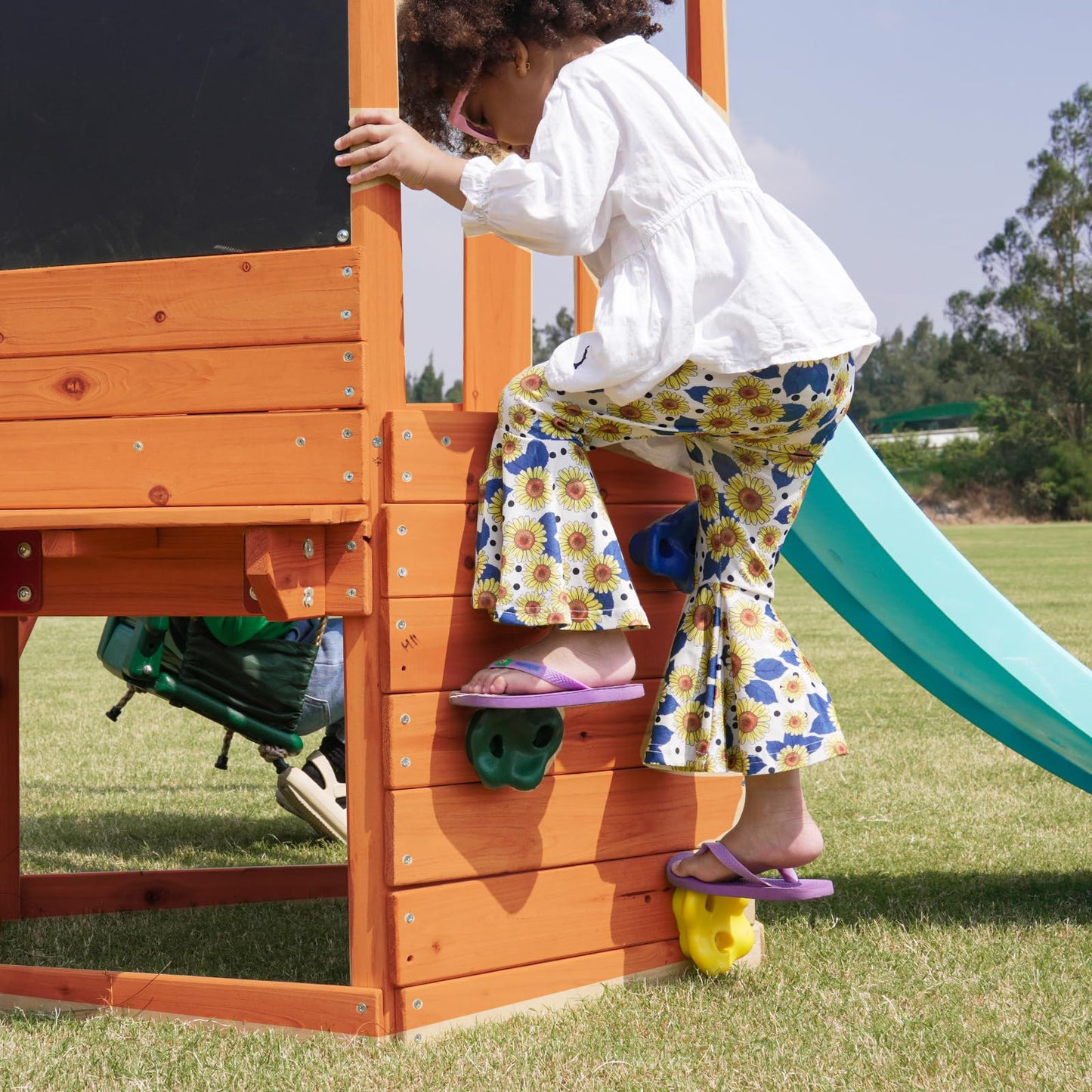 Dolphin Playground 5-in-1 Toddler Swing Sets with Slide for Backyard, Toddler Outdoor Playset with Baby Swing, Table, Blackboard, Kid Slide, Rock Climbing Wall, Ages 18 mo to 4 yrs