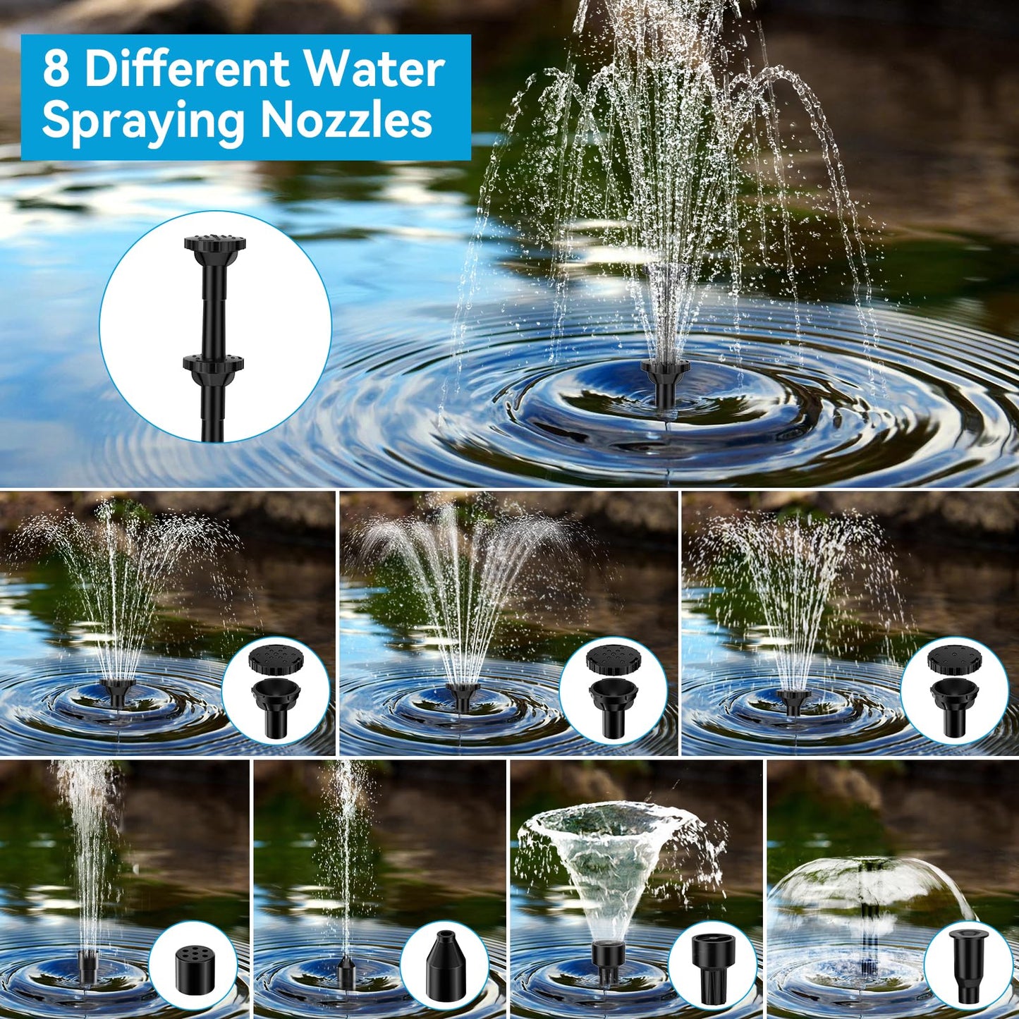 POPOSOAP Solar Fountain Pump with 3600mAh Battery Backup, 8W Solar Powered Bird Bath Fountain with Dry-run Protection & Double-layer Nozzles 5Ft Tubing for Pond, Bird Bath, Backyard Water Feature