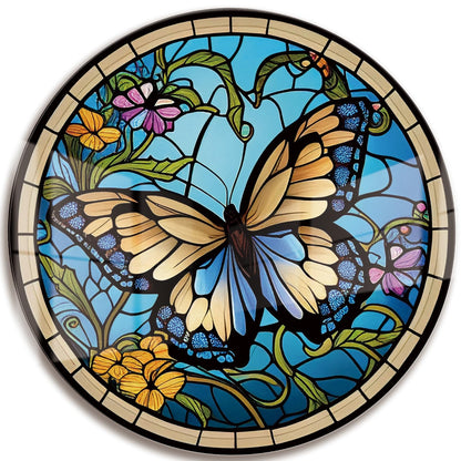 LMSDYSHU Butterflies and Mosaic,Tempered Glass Wall Art,unframed，Easy to clean,18"（45.72cm） Diameter (blue)