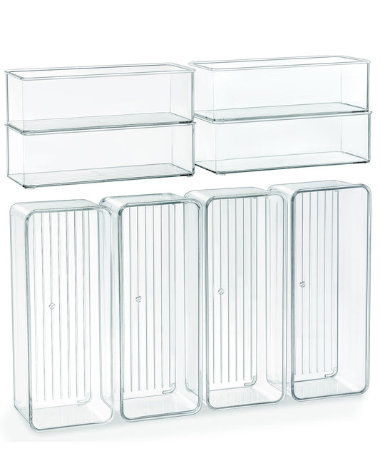 Qilinba 8 PACK Drawer Organizer Bins Bathroom Deep Drawer Organizer Tray for Cutlery Vanity Make-up, Clear Stackable Storage Bins for Kitchen Cabinet Closet Counter Organization and Storage