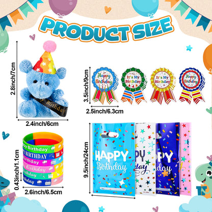 Seenelling 48 Pcs Happy Birthday Party Gift for Students, Return Gifts for Birthday Stuffed Animal Silicone Wristbands Badge Stickers for Party Goodie Bags Teachers Classroom Reward