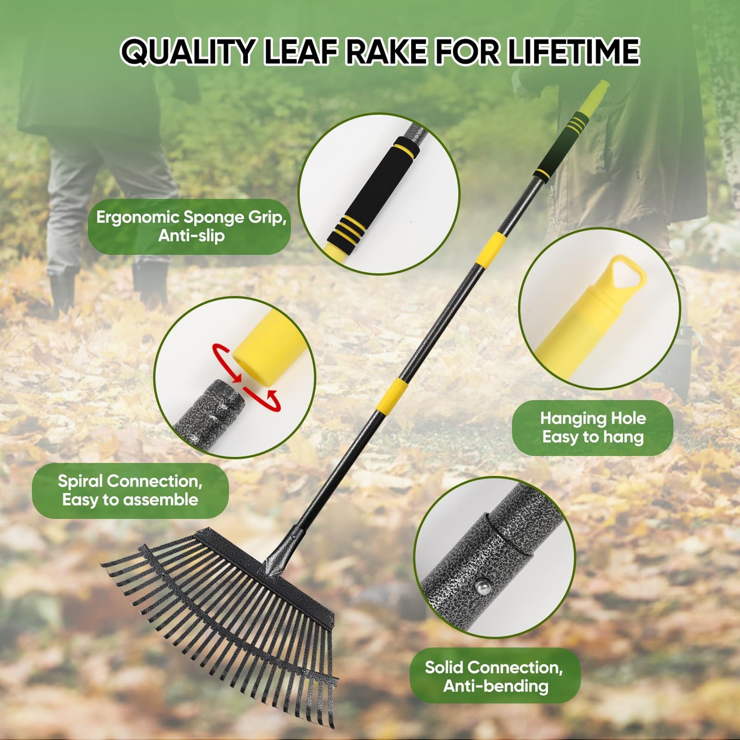 Coopvivi Garden Leaf Rakes, 6FT Rake for Lawns Heavy Duty 25 Metal Tines 18.5 inch Wide, Adjustable Steel Handle, Rakes for Leaves, Gathering Shrub, Grass, Yard