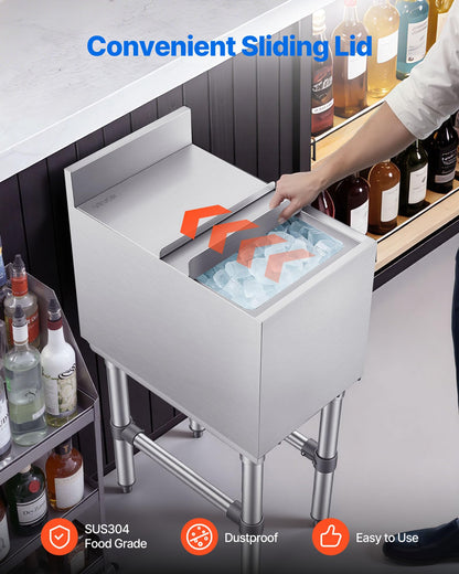 VEVOR Commercial Ice Bin, 29.6 Qt Max Capacity, 12 x 19 x 33 Inch Stainless Steel Ice Chest with Sliding Lid and Bottle Holders, Cooler Cart Cocktail Unit for Bar Restaurant Pub, NSF Certified
