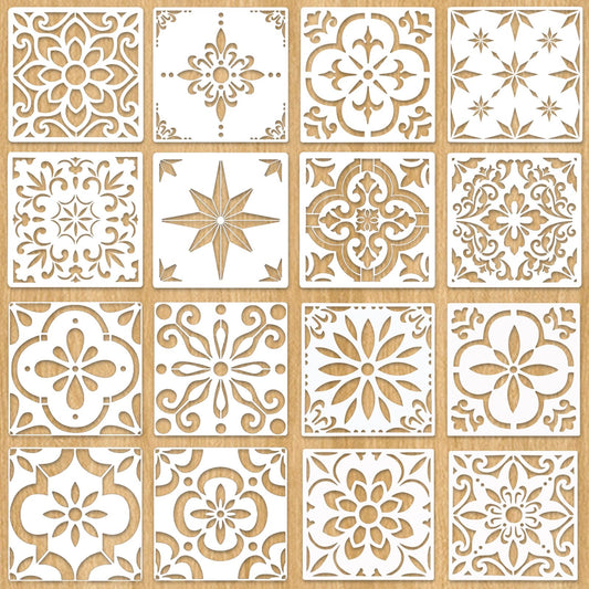 16PCS Floor Tile Stencils Set - 8 x 8 Inch Reusable Mexican Talavera & Spanish & Mandala Stencils for Painting on Floors, Tile, Concrete Patio, Wall, Furniture, Vase, Porch