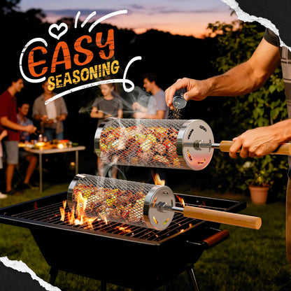 Basinel Rolling Grill Basket 2-Pack,304 Stainless Steel Grill Basket with Removable Wooden Handle,BBQ Tool & Smoker Accessory for Veg & Shrimp,Ideal for Outdoor Cooking,Camping & Gifts for Dad/Husband/Men