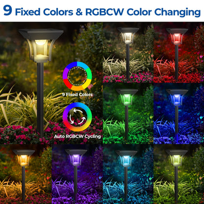 CINOTON 8 Pack RGBCW Solar Pathway Outdoor Lights, 3 Lighting Modes Solar LED Garden Lights, IP65 Waterproof Outside Solar Powered Landscape Lighting for Sidewalk Driveway Backyard RGB/Warm/Cold White