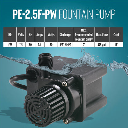 Little Giant PE-2.5F-PW 115 Volt, 1/28 HP, 475 GPH Submersible Direct Drive Pump for Small Ponds or Fountain with 15-Ft. Cord, Black, 566612