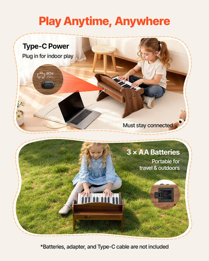 VEVOR Kids Piano Keyboard, 25 Keys Wooden Digital Piano for Kids, Mini Music Educational Instrument Toy with Realistic Sound, Dual Power, Adjustable Volume for Toddlers, Boys Girls Learning, Walnut
