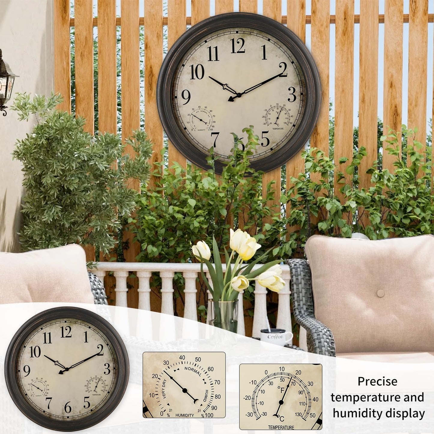 Yumt 18 Inch Wall Clock, Retro Outdoor Clock Non-Ticking Waterproof Indoor Outdoor Clock with Thermometer, Bronze