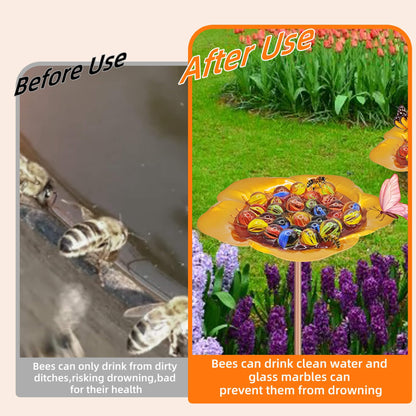Large Bee Watering Station-Golden Butterfly Puddler Bee Bath & Feeder with Metal Stakes - 30 Glass Marbles, Vivid Flower Design, Garden Yard Decor (Golden-2PACK)