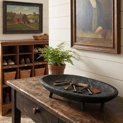 Wooden Tray with Key Bowl， 17.7 Inch Oval Decorative Tray for Coffee Table & Entryway， Black & Dark Brown Decorative Bowl (Black)