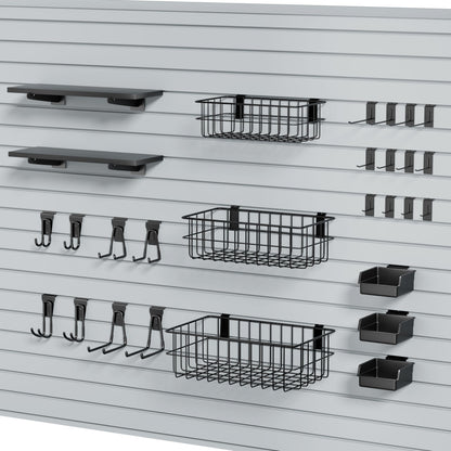 FOFARY 35Pcs Slatwall Accessories Kit, with Slatwall Hooks, Baskets, Shelves, Bins, Heavy Duty Slat Wall Accessory for Garage Organization, Workshop & Utility Room