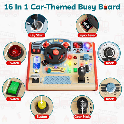 TOP BRIGHT Montessori Busy Board with LED Light, Sensory Toys with Sounds & Switches, Activity Board for Kids 3-5, Car Driving Toy for Toddler Boy, 3 Year Old Girl Boy Gifts for Birthday Christmas