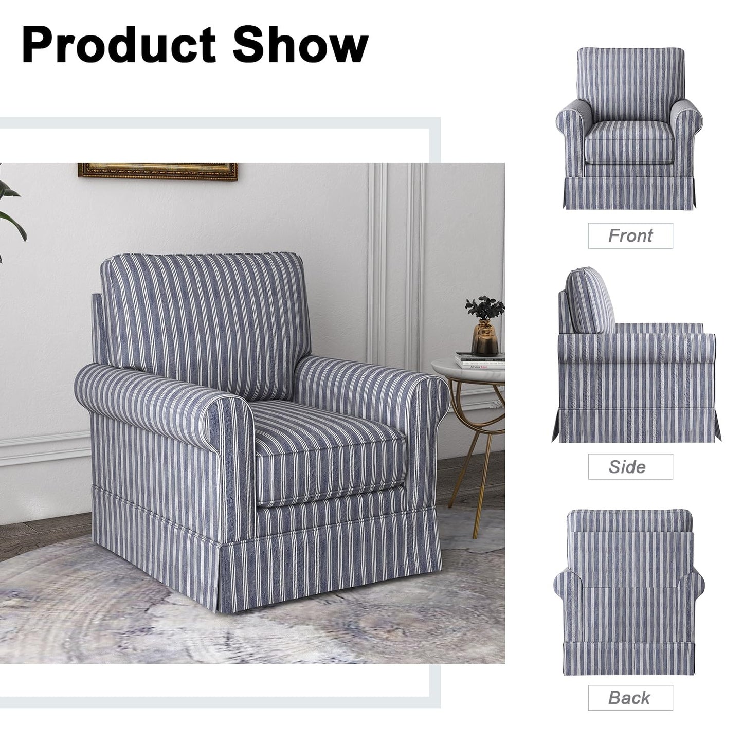 INZOY Swivel Accent Chair Linen Mid Century Modern Chair, Comfy Swivel Barrel Reading Chair, Upholstered Square Chair for Living Room Bedroom Small Spaces, Fully Assembled, Blue Stripe