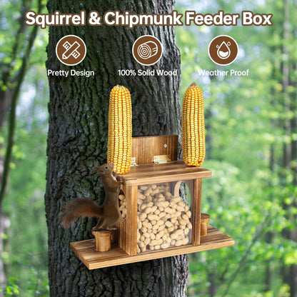 Carbonized Squirrel Feeders for Outside, Funny Chipmunk Feeder, Easy Filling & Cleaning with Removable Front Panel, Durable Outdoor House Box, Attracts Squirrel & Chipmunk