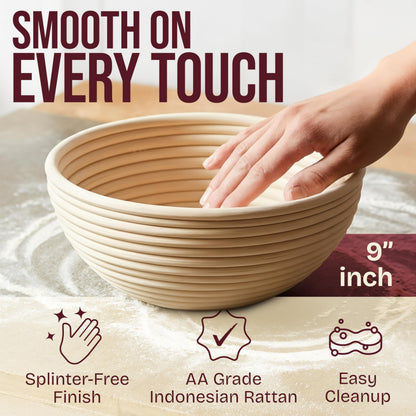 Superbaking Sourdough Starter Kit, 9" Splinter-Free Banneton Bread Proofing Basket Set with Non-Stick Silicone Dough Sling & Glass Starter Jar Kit, Sourdough Bread Baking Supplies, Sourdough Tools