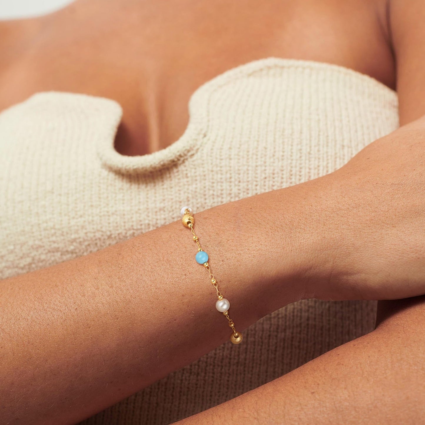 MEVECCO Gold Bracelet for Women 18K Gold Plated Pearl Turquiose Stone Custom Handmade Mixed Beaded Charm Chain Bracelet Stack Jewelry Gifts