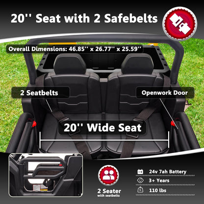 Sopbost 2 Seater 24V Ride On Toys for Big Kids with Electric Dump Bed 4WD Battery Powered Cars for Kids with Remote Control, Ride On Car with EVA Tires Wheels, Shovel, Music, Black