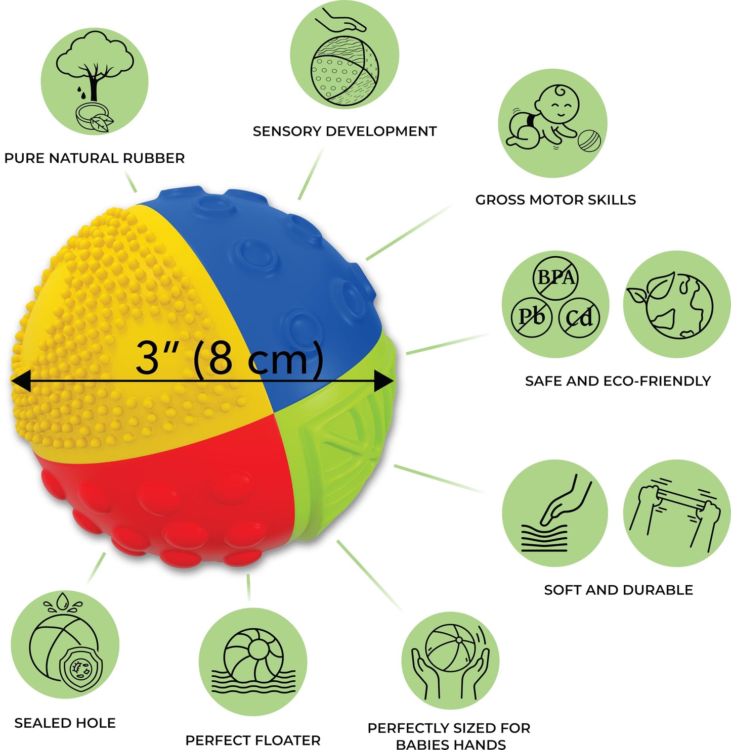 caaocho Pure Natural Rubber Sensory Ball Rainbow 3" - Sealed Hole, BPA Free Baby Ball Toy, for Sensory Play, for Sensory Development, Hole Free Baby Toy, Perfect Bouncer, Without Hole