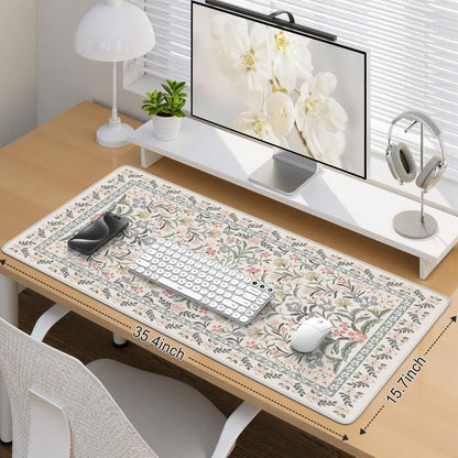 iCasso Desk Matt for Desktop, Cute Desk Pad Mat, XXL Large Mouse Pad, Anti-Slip Big Mousepad with Stitched Edges, Keyboard Pad for Computer(Gray Floral)
