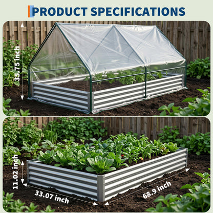IDEALHOUSE Raised Garden Bed with Greenhouse Cover, 6x3x1 ft Outdoor Galvanized Metal Planter Box with Dual Zippered Screen Windows, Mini Clear Top Greenhouse for Vegetables, Flowers & Herbs
