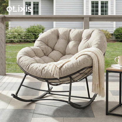 OLIXIS Outdoor Rocking Chair with 5.5" Thick Cushion, Oversized Egg Lounge Chair with Water-Repellent & UV-Resistant Fabric, 450 Lbs Heavy Duty for Patio, Living Room, Garden, Bedroom, Beige