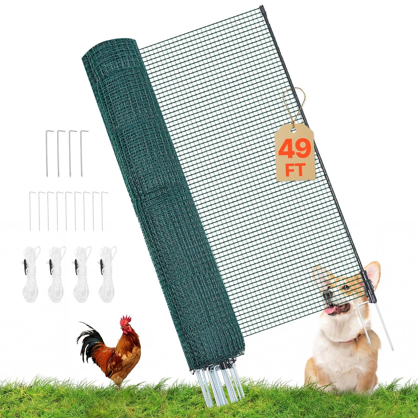 VEVOR Temporary Fence with Posts, 3 x 49.2 FT Plastic Mesh Fencing, Garden Safety Fences Netting with Double-Spike Stakes & Guy Ropes, Temporary Fence for Dogs, Chickens, Plants, Outdoor Yards