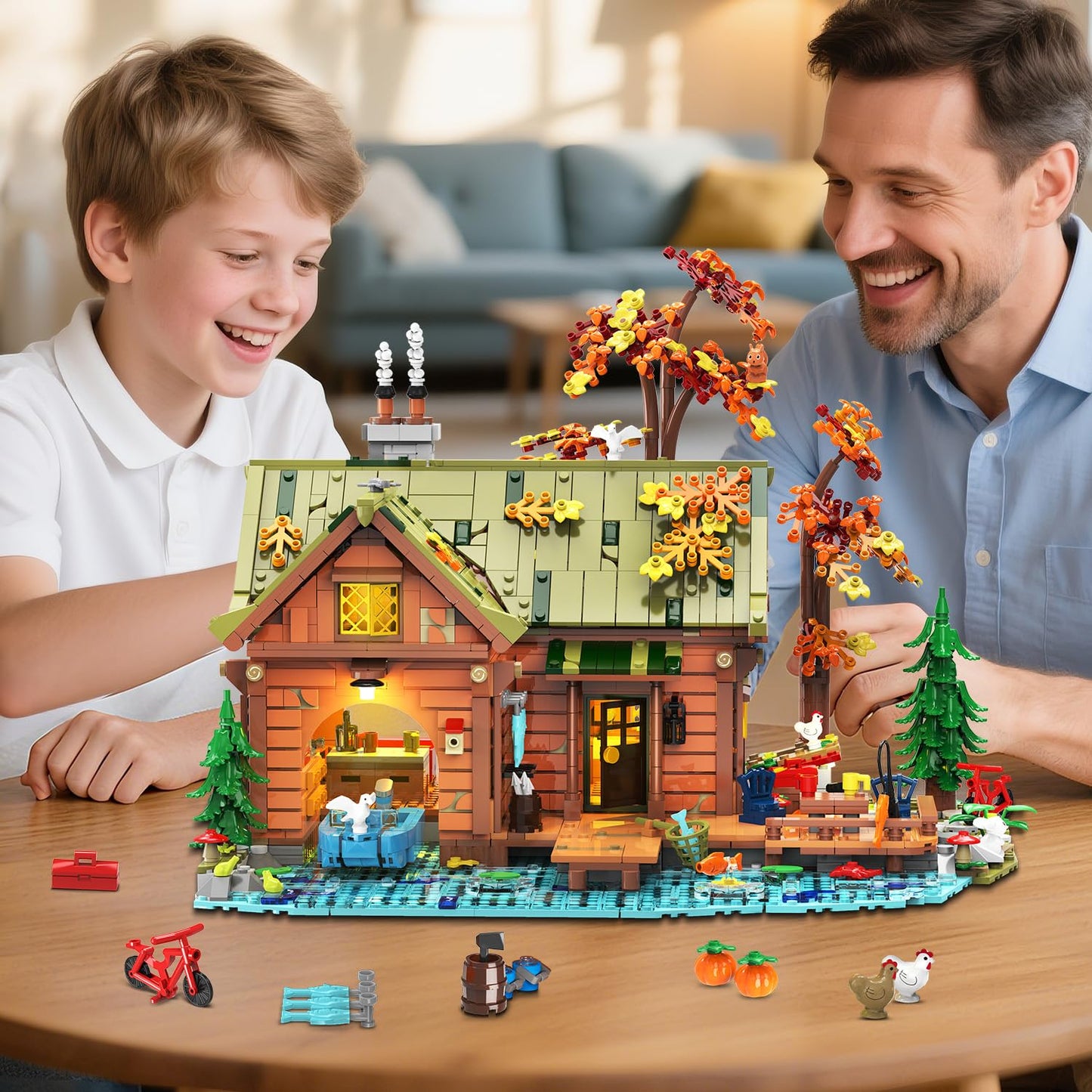 INSOON Overwater Cabin Mini Building Set with Light, 2423 PCS Wooden Forest House Building Block Toy with Boat Bike Animals, Home Decor Treehouse Construction Model Kit for Adults Teens Boys Girls 12+