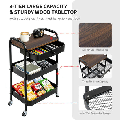 CAMOAT 3-Tier Rolling Storage Cart with Wooden Top and Drawer, Metal Mesh Mobile Utility Cart with Handle and Lockable Wheels, Multipurpose Organizer Trolley for Kitchen, Living Room, Bathroom,Office