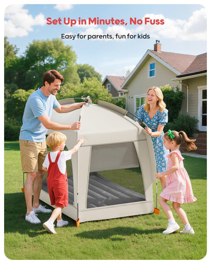 QPAU Inflatable Toddler Travel Bed with Tent – Lightweight Blow Up Kids Air Mattress with Hand Pump – Indoor & Outdoor Portable Sleeping Solution for Camping, Travel, Home, Grandma’s – Ages 3+