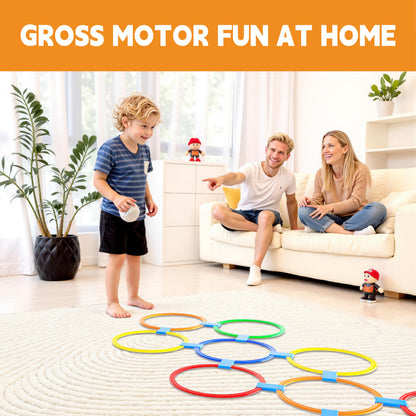 Oranmew Hopscotch Rings – Hoop + Square, 2-Set – (10 Round + 10 Square, 15-inch) + 30 Connectors, Agility Rings for Kids, Gross Motor Skills, Preschool & Kindergarten PE, Playground Obstacle Course