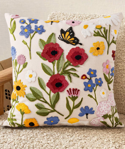 Kokaaee Embroidered Throw Pillow Cover 18x18 Inch - Spring Summer Boho Decorative Pillow Cover with Zipper for Living Room Couch Sofa Bed Aesthetic Design Retro Flower Cushion Pillowcase