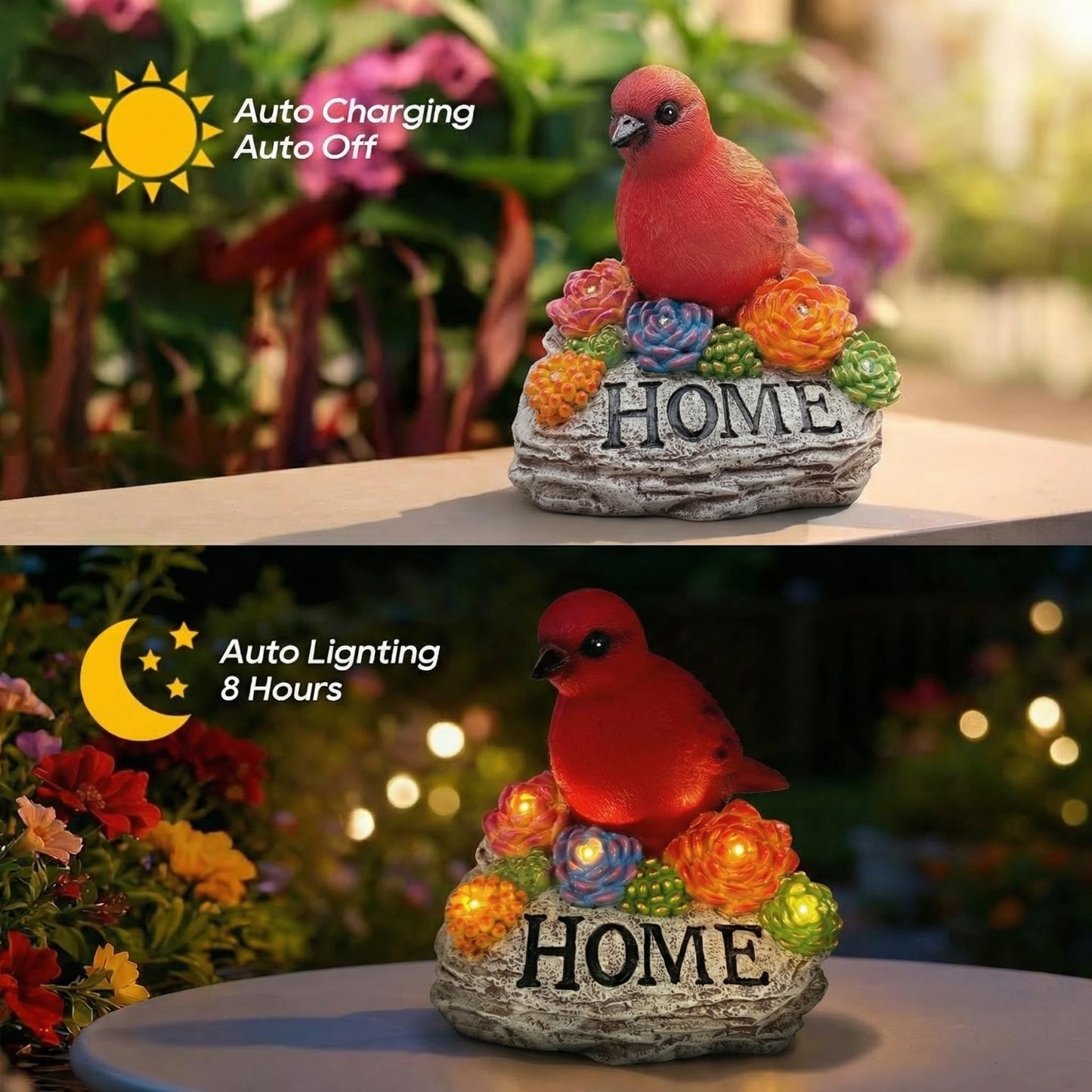 DECOUE Solar Garden Statue with Bird & “Home” Sign, Solar Bird Light Outdoor Decor with Warm LED Glow, Garden Decor for Outside Yard Patio Walkway, Decorative Garden Statue with Succulent Accents