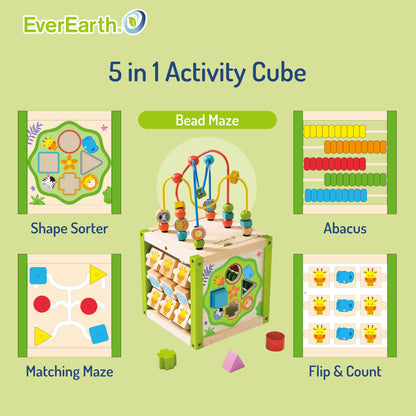 EverEarth Wooden Activity Cube with Bead Maze, 5 in 1 Activity Center, Educational Learning Montessori Toys for Toddlers for Kids 1+, FSC Certified