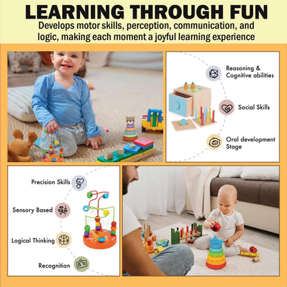 123 BABY BOX 6-in-1 Montessori Learning Toys for 13-18 Months - Toddler Developmental Activity Set with Bear Tower, Pound Bench, Beads Coaster & More Educational Wooden Toys