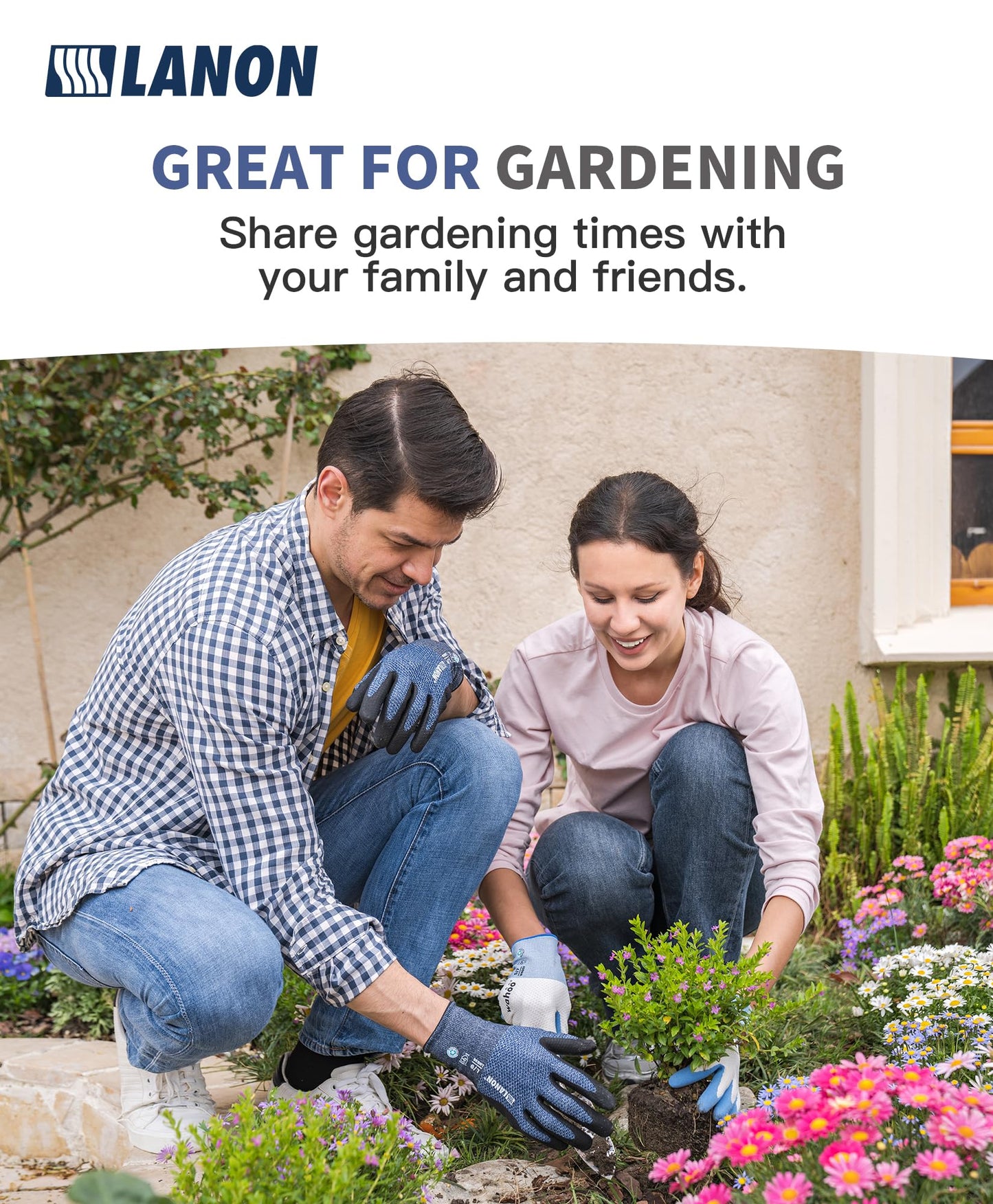 LANON Gardening Gloves for Men Women, 2 Pairs Nitrile Coated Garden Gloves with Grip, Breathable B.COMB AIR Technique, Dusty Olive & Bluebird, Large