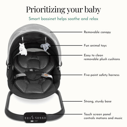 Evolur Comfort Cocoon Baby Swing with TUYA Voice Control, 5-Speed Sway with Remote, Touchscreen Motion & Music, Removable Canopy & Toys, 5-Point Safety Harness – Black