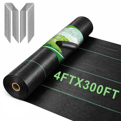 FEED GARDEN 4FT x 300FT Landscape Fabric Weed Barrier Fabric, Heavy Duty 3.2oz Weed Control Mat, Weed Blocker Ground Cover Geotextile Fabric for Gardening, with 20 U-Shaped Stakes