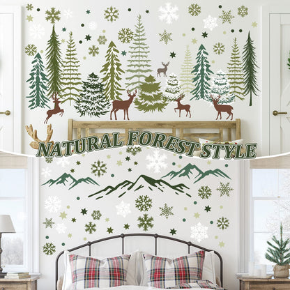 Teling 8 Pieces Winter Snowflake Wall Decals Stickers Dreamy Nursery Forest Woodland Trees Deer Pine Tree Wall Decals for Kids Room Winter Decor(Green, Brown)