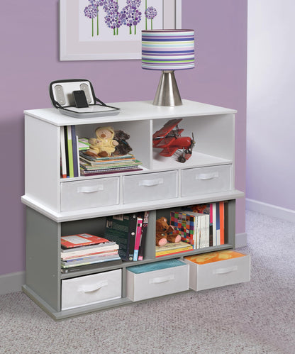 Badger Basket Stackable Toy Storage Organizer - 5-Shelf Modular Unit with 3 Removable Fabric Bins, Solid Panel Construction, Expandable Design for Toys and Crafts - Gray