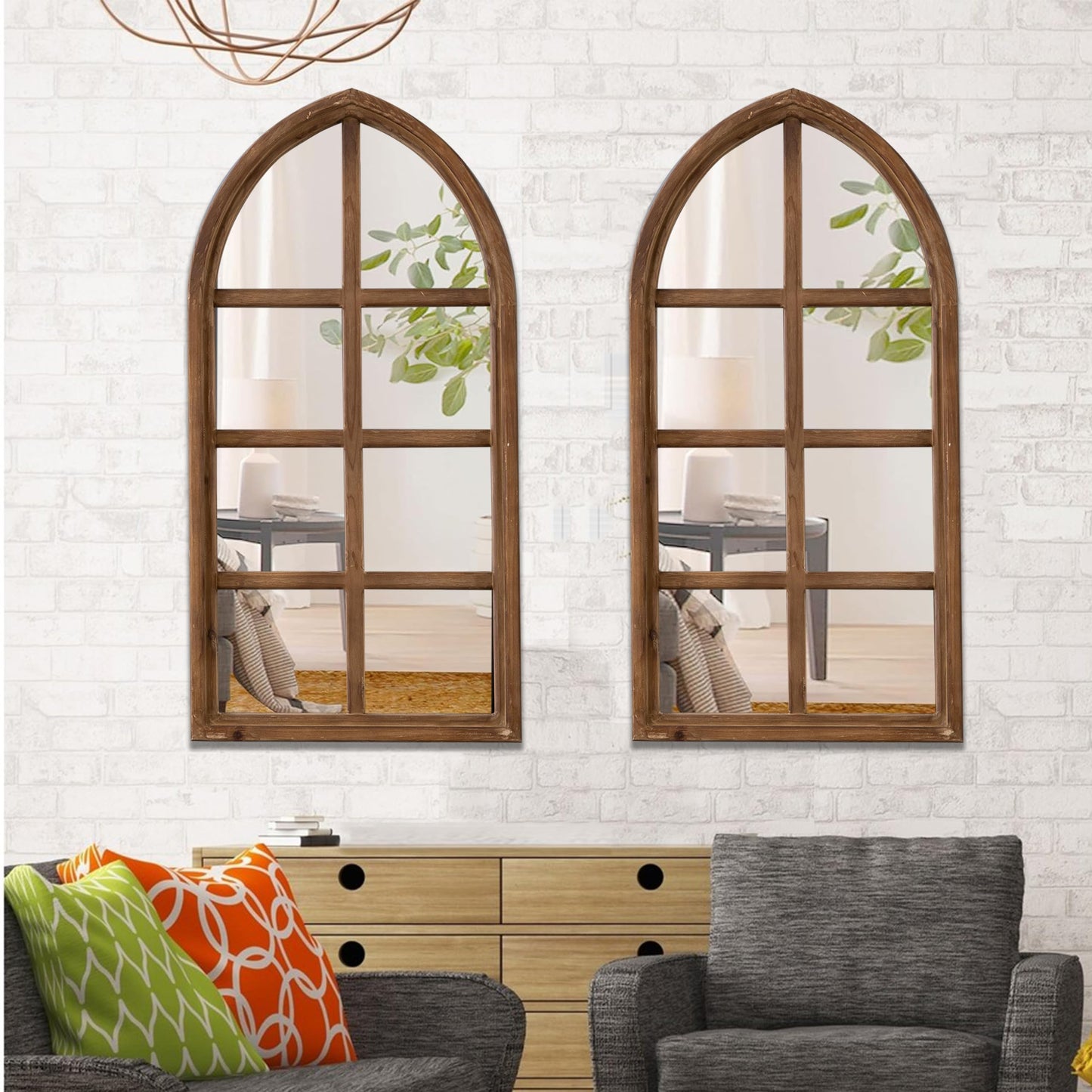 Sintosin Farmhouse Cathedral Window Pane Mirror Wall Decor 18 X 36 Inch, Hanging Distressed Wood Arched Window Mirror, Decorative Wall Mirrors for Living Room Bedroom Entryway