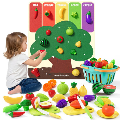 Mimiblooms Play Food Set with Cutting Fruits&Felt Tree Mat, Pretend Food Play Kitchen Accessories, Toy Kitchen Food Playset for Toddlers, Preschool Learning Toys for Kids Ages 3 4 5 6 Boys Girls Gift