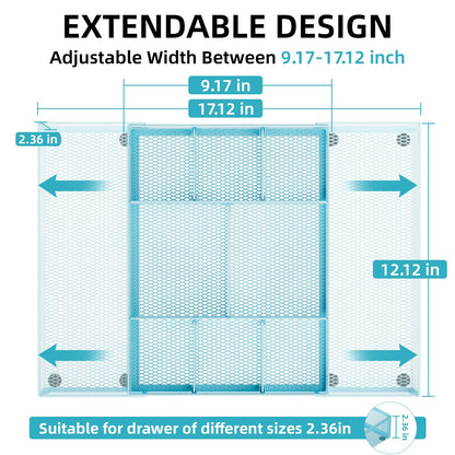 Marbrasse Expandable Desk Drawer Organizer, Mesh Drawer Organizer Tray with 10 Adjustable Compartments, Desk Organizers and Accessories for Office Supplies, Makeup & Vanity (Expandable-Blue)
