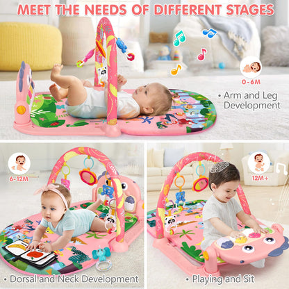 UMIKU Baby Play Mat Baby Tummy Time Mat Infant Newborn Musical Activity Center with High-Contrast Piano Music & Light Newborn Babies Gift for Girl Boy Babies 0-6 6-12 Month Pink Dinosaur
