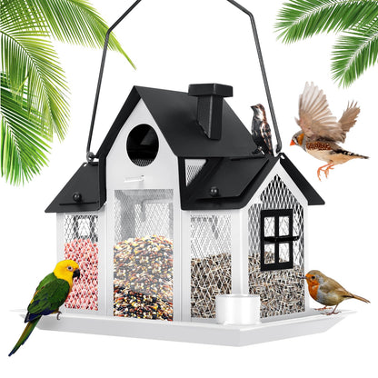 Solar Bird Feeders House for Outside Hanging, Metal Wild Bird Feeder for Outdoors Large Capacity Cardinal Birdfeeder Birdhouses Metal Bird Feeding Station White