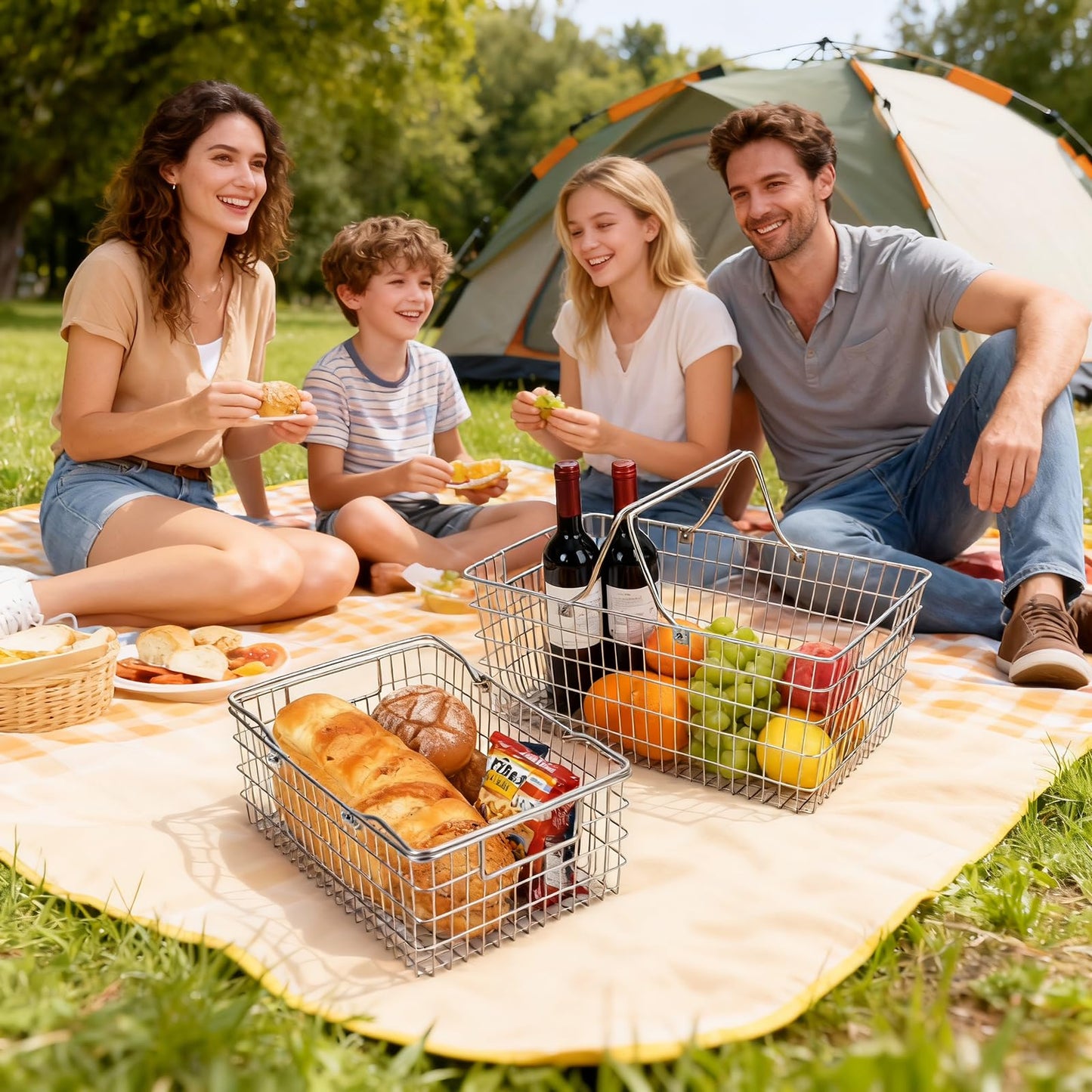 Wire Harvest Basket, Kitchen Organizers and Storage with Foldable Handle - 15.0"x9.8"x6.9" Portable Stainless Steel Picnic Baskets for Gathering Vegetables,Fruits,Kitchen,Garden,Picnic&Shopping (1, L)