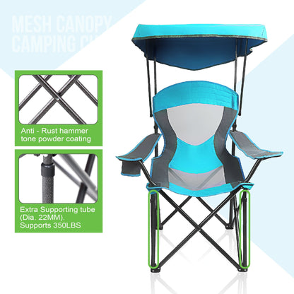 ALPHA CAMP Heavy Duty Canopy Camping Chair, 350 lbs Capacity Oversized Folding Chair with Adjustable Sunshade, Portable Sunshade Chair with Cup Holder for Beach, Fishing, Outdoor, Enamel Blue