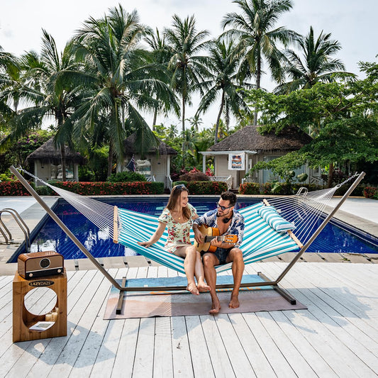 Lazy Daze Hammocks 12FT Quilted Fabric Double Hammock with Spreader Bars and Detachable Pillow, 2 Person Hammock for Outdoor Patio Backyard Poolside, 450 LBS Weight Capacity, Sailor Stripe